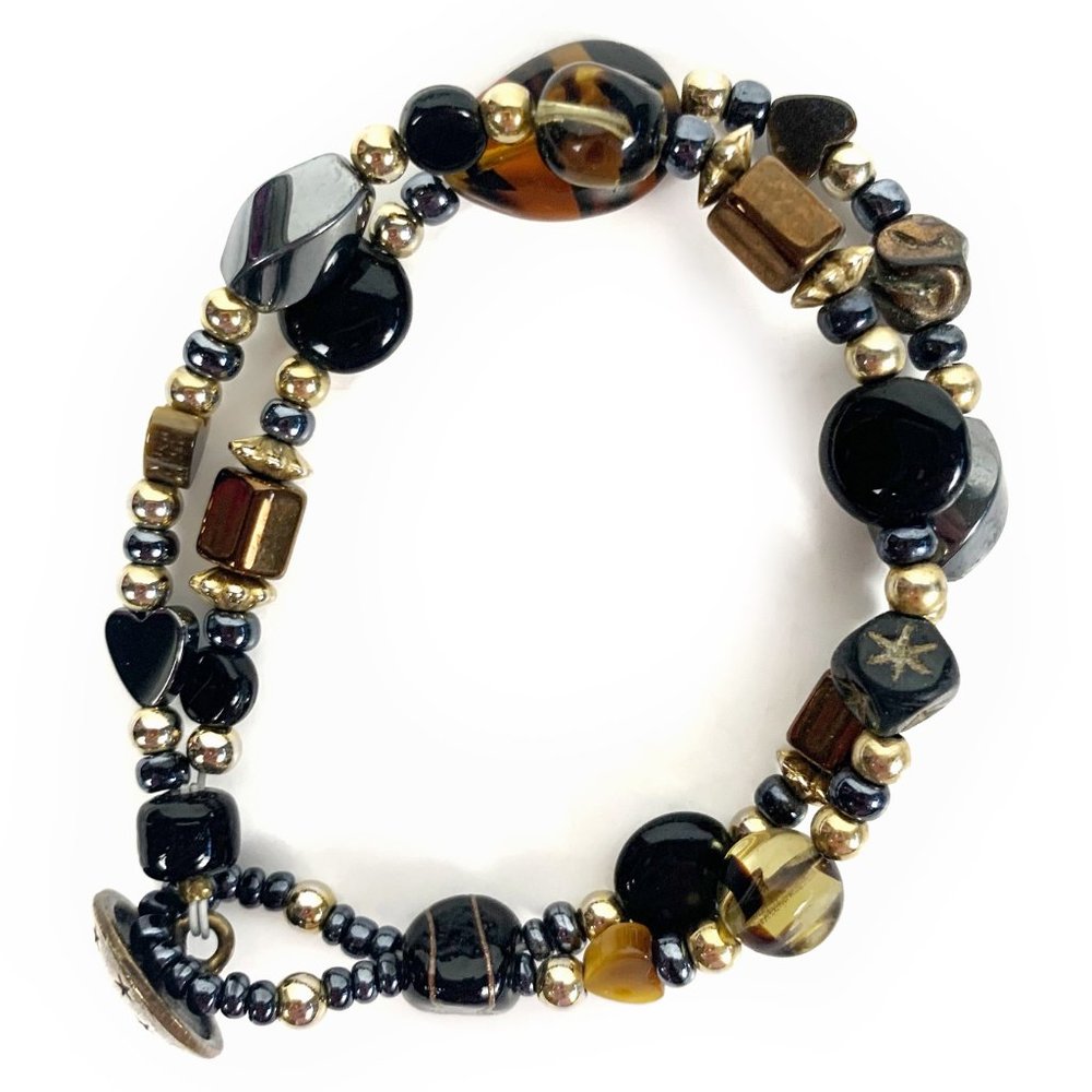Bracelet with Double Strand of Hematite Gold Bronze Black Beads